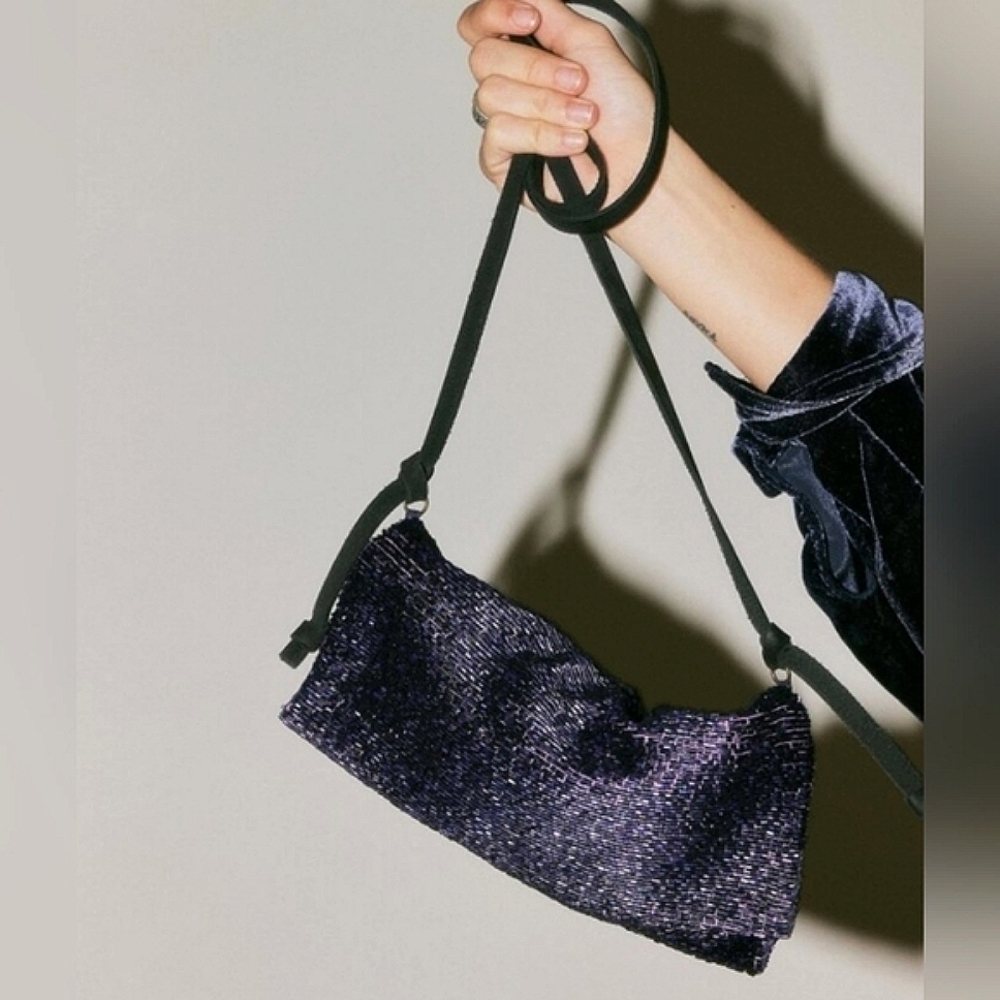 Free People Exclusive Emblished Beads Crossbody Bag Violet Leather Handle NWT$